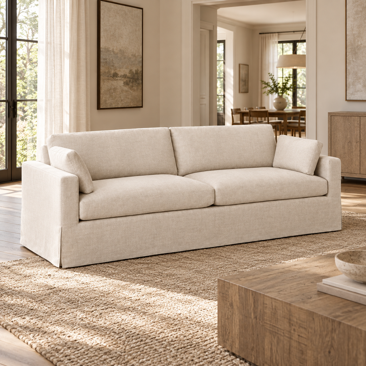 Lifestyle view: Belgian Slipcovered Track Arm Sofa, photographed in a quiet living room