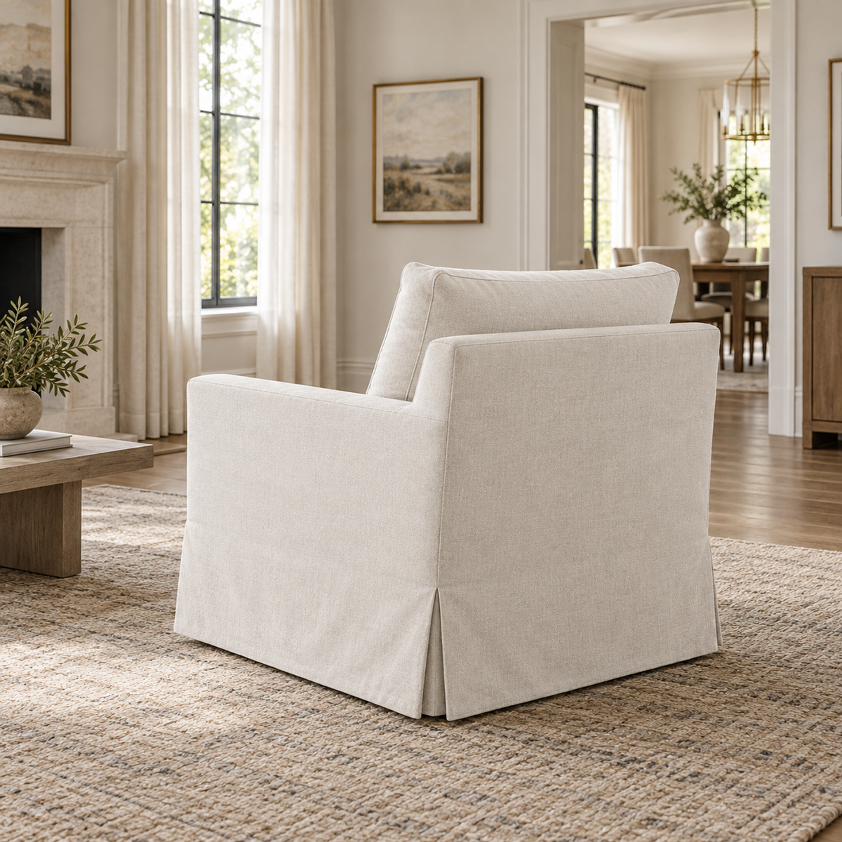 Lifestyle view: Belgian Slipcovered Track Arm Swivel Chair — photographed in a living room, second view