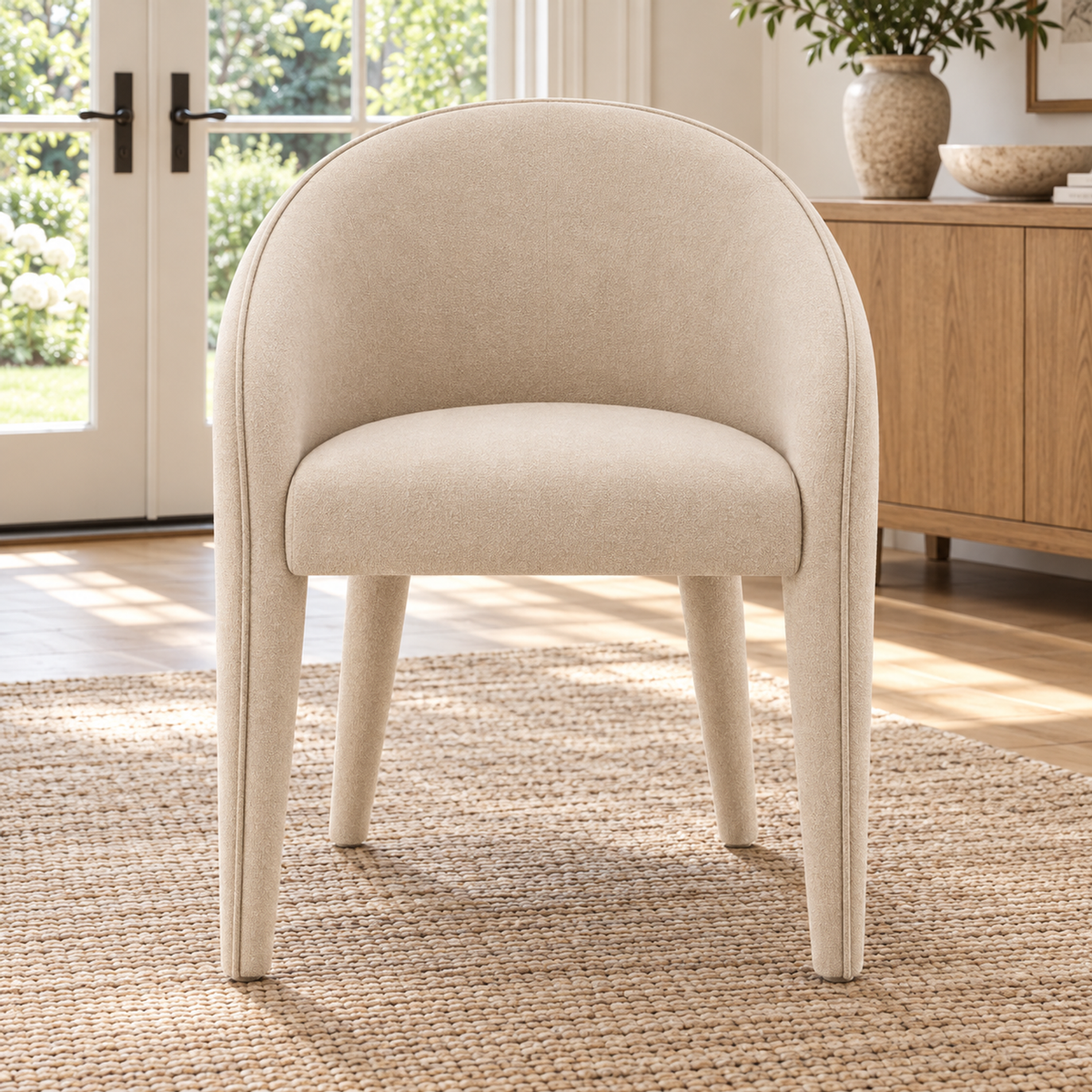 Lifestyle view: Blair Fabric Dining Armchair in ivory, straight-on front view in a furnished dining room