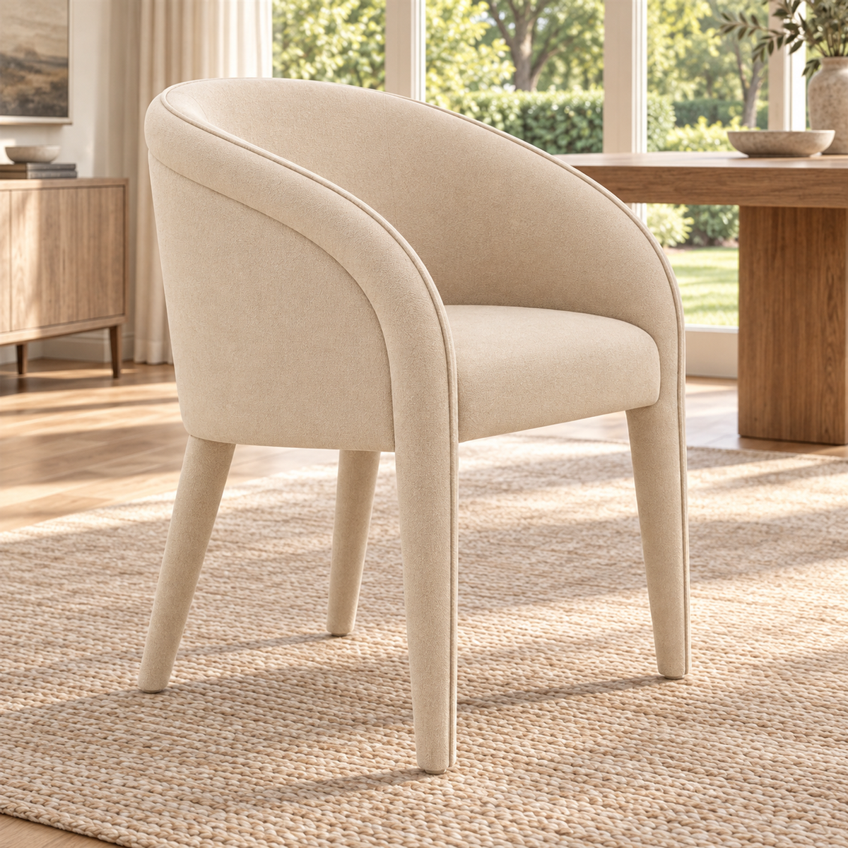 Lifestyle view: Blair Fabric Dining Armchair in ivory, opposite three-quarter view in a sunlit dining room