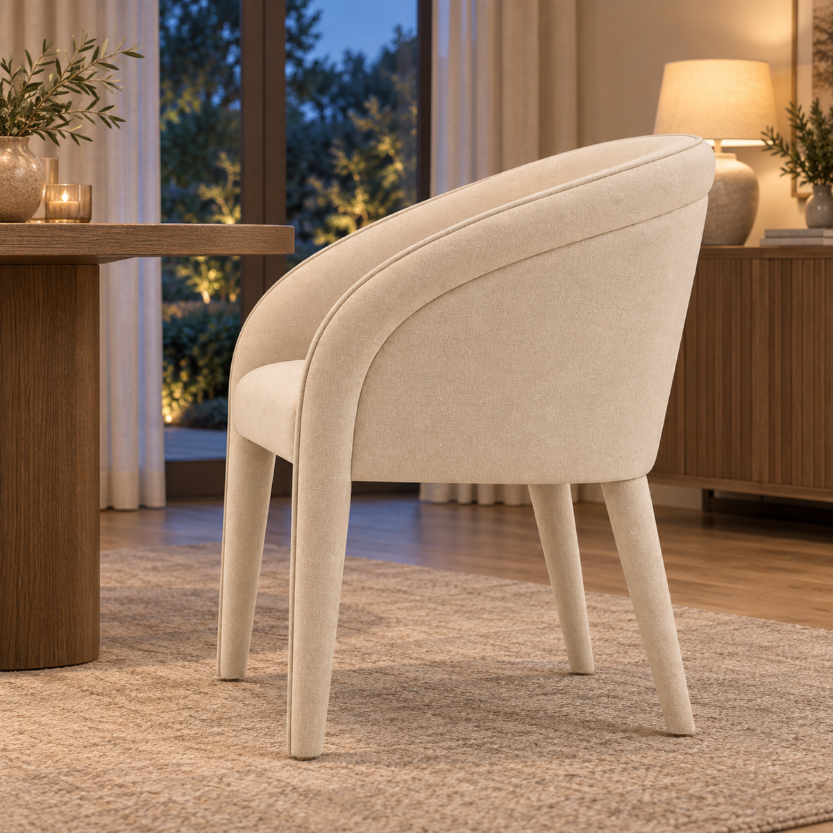 Lifestyle view: Blair Fabric Dining Armchair in ivory, side view in a furnished dining room at early evening