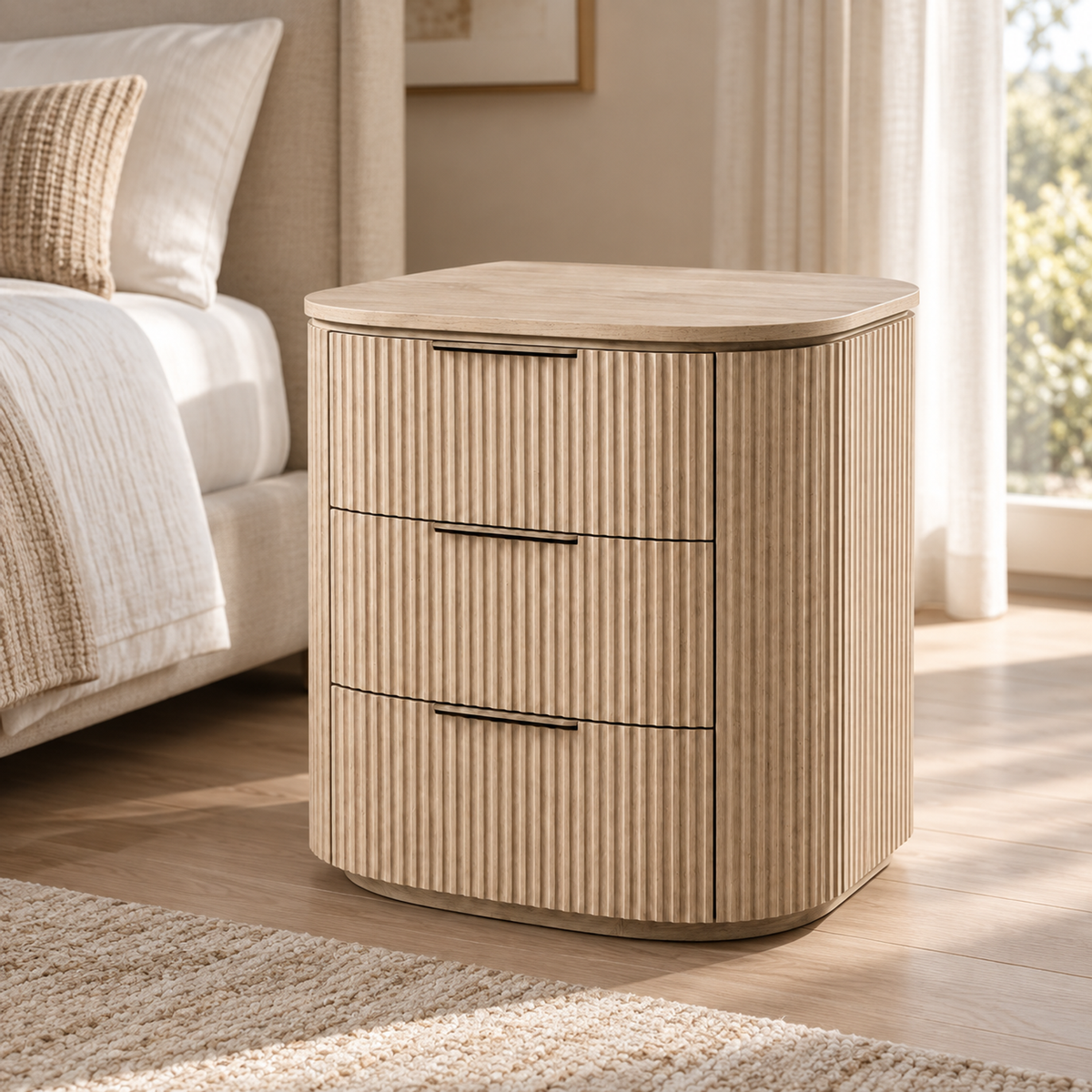Lifestyle view: Byron closed nightstand in a warm furnished bedroom