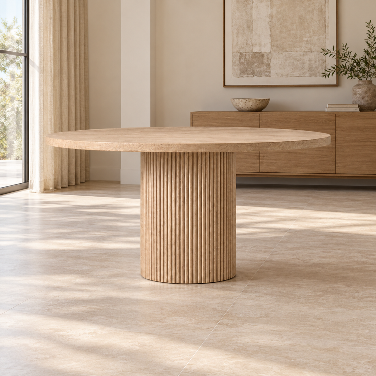Lifestyle view: Byron Round Dining Table, photographed in a quiet dining room