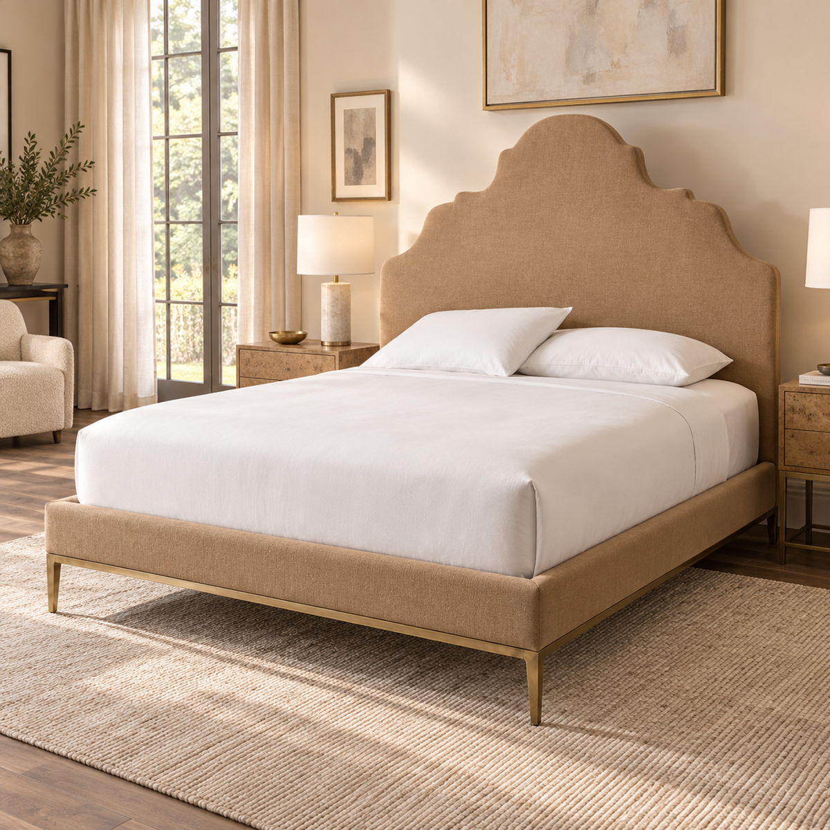 Lifestyle view: Camilla Upholstered Bed — Aged Brass, photographed in a furnished interior