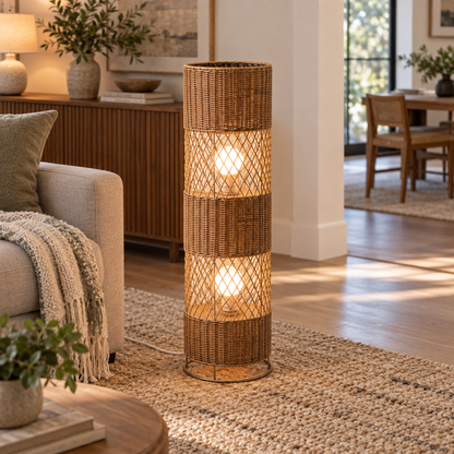 Lifestyle view: Cannella Floor Lamp, Low Column, photographed in a furnished interior