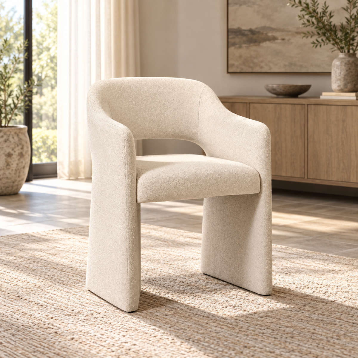 Lifestyle view: Corta fabric dining armchair in a sunlit furnished dining room