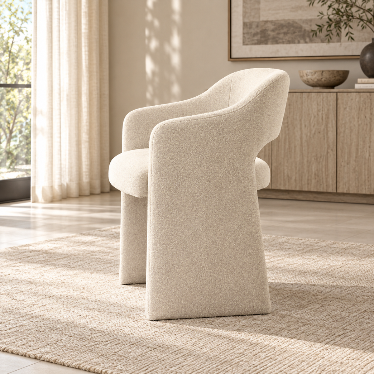 Lifestyle view: Corta fabric dining armchair in a warmly lit furnished dining room