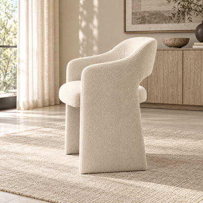 Lifestyle view: Corta fabric dining armchair in a warmly lit furnished dining room