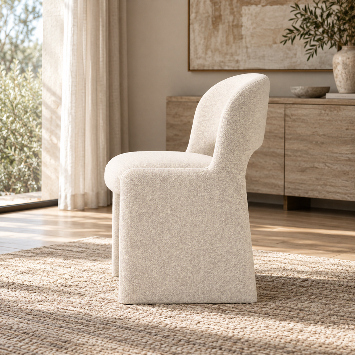 Lifestyle view: Corta fabric dining side chair in a warmly lit furnished interior
