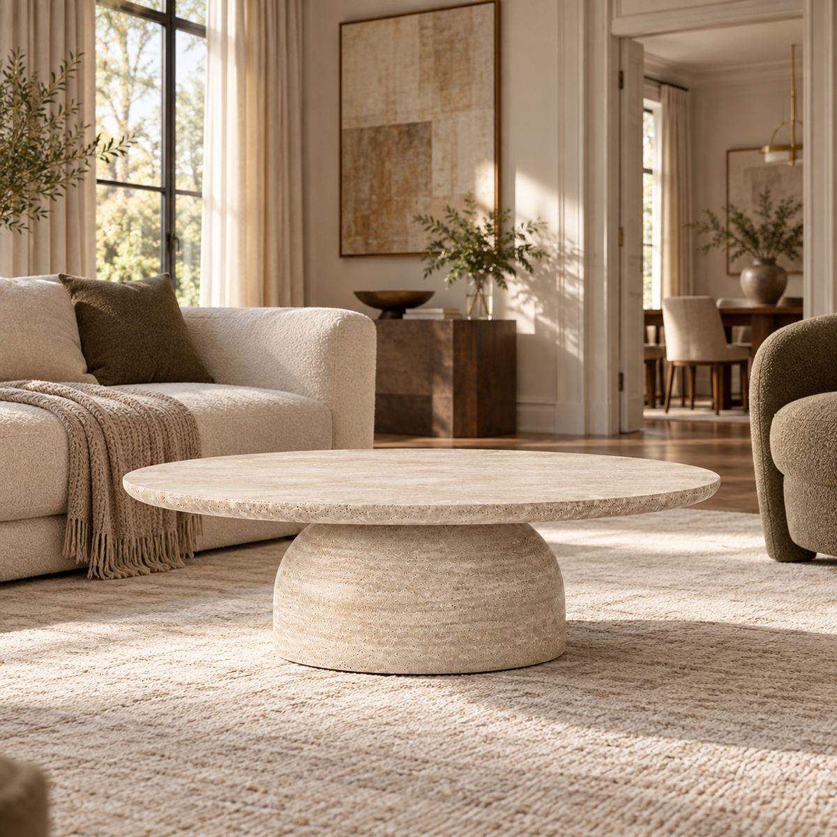 Lifestyle view: Cupola Carved Round Coffee Table, photographed in a quiet interior