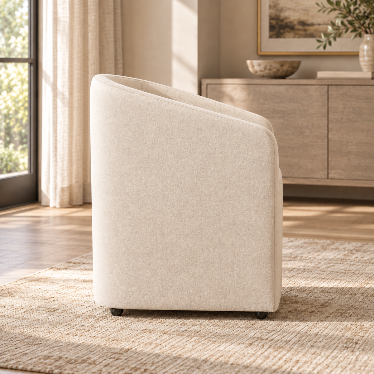 Lifestyle view: Ellison fabric dining armchair in a warmly lit dining interior