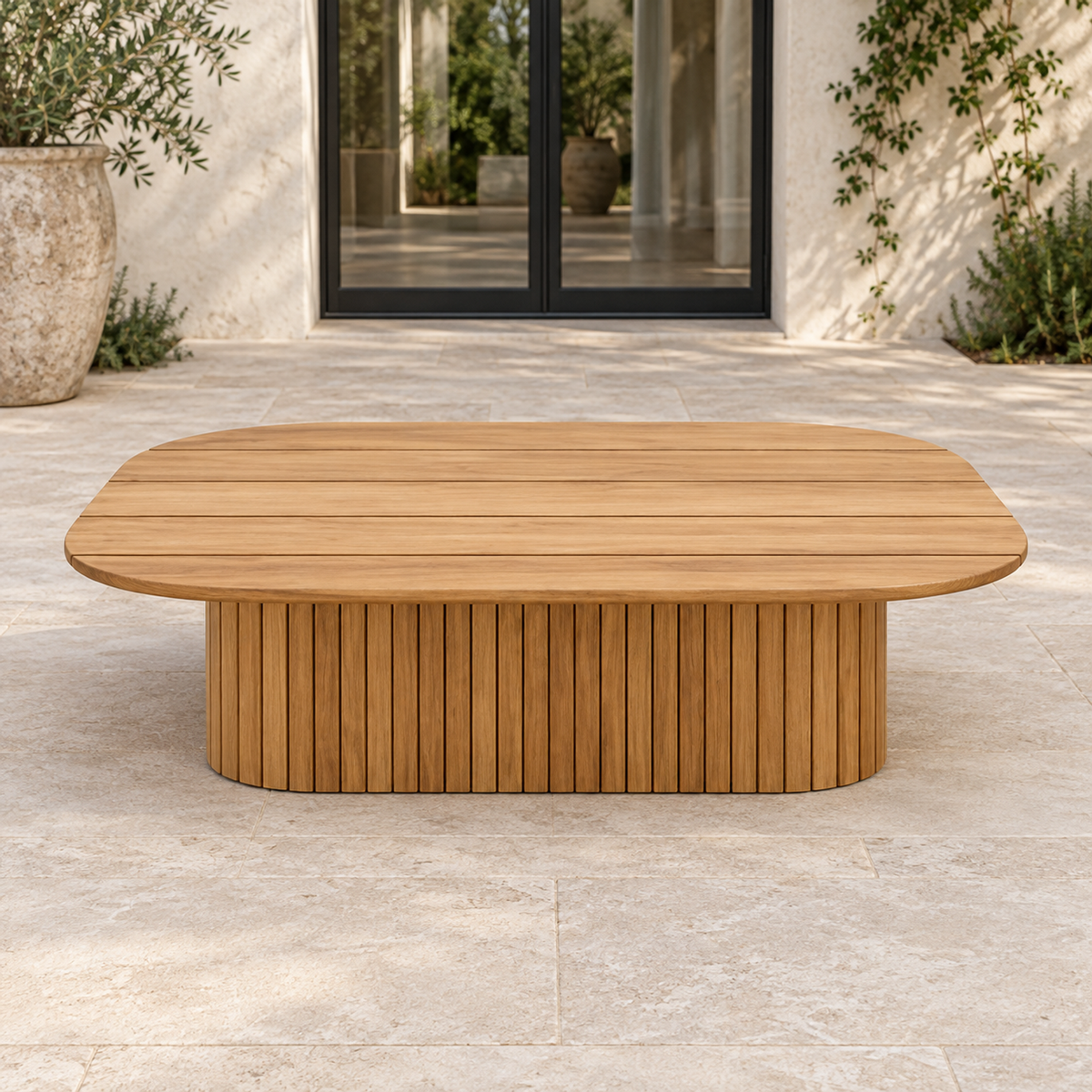 Lifestyle view: Ethereal Coffee Table in Teak, straight frontal view in a planted home courtyard