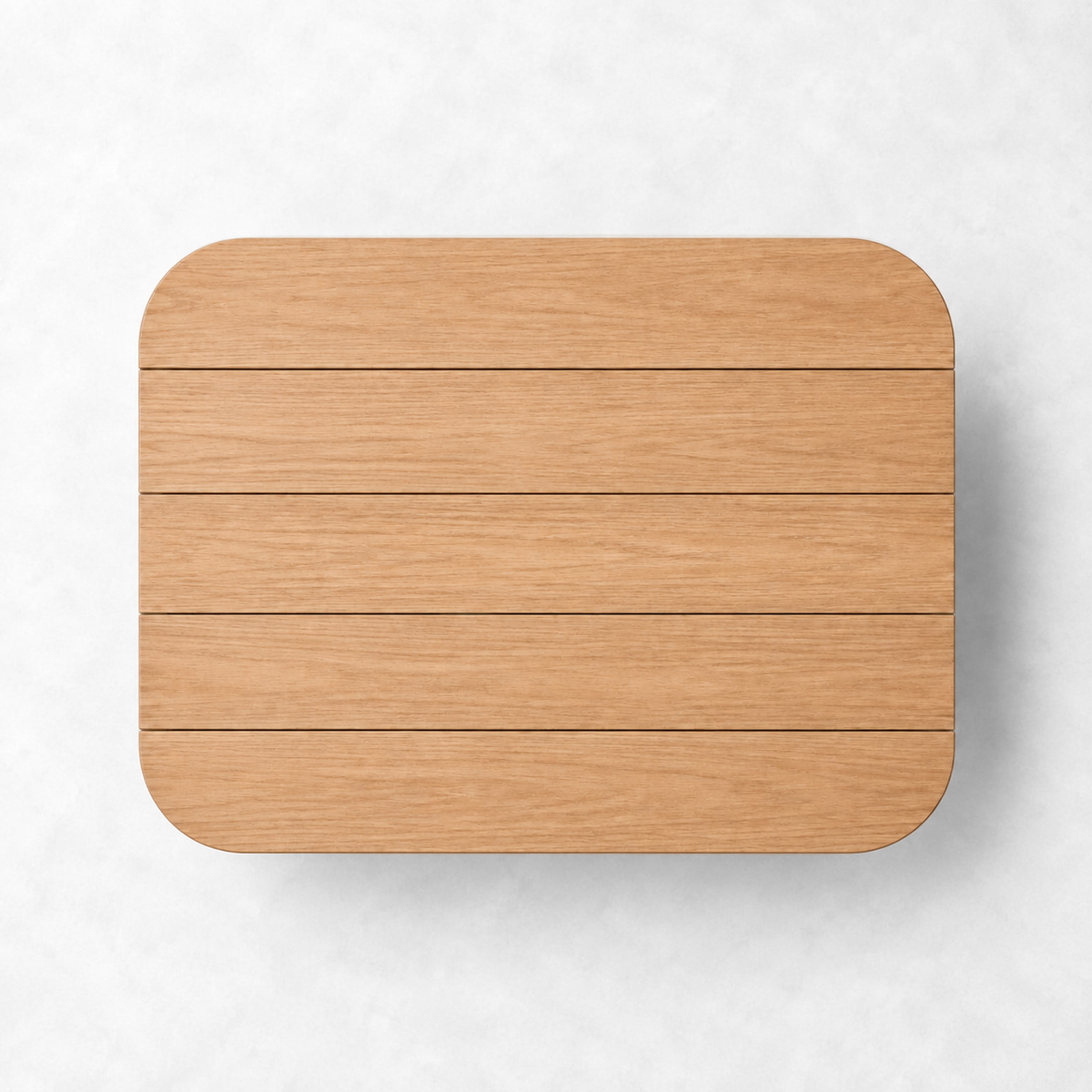 Ethereal Coffee Table in Teak, square overhead view of the five-plank rounded top