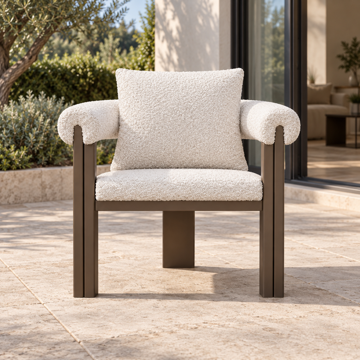 Lifestyle view: Ethereal Dining Chair in Aluminium, straight frontal view beside a furnished garden home