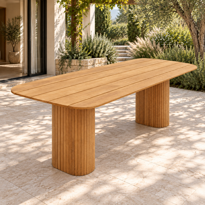 Lifestyle view: Ethereal Dining Table in Teak, opposite diagonal view on a planted home terrace