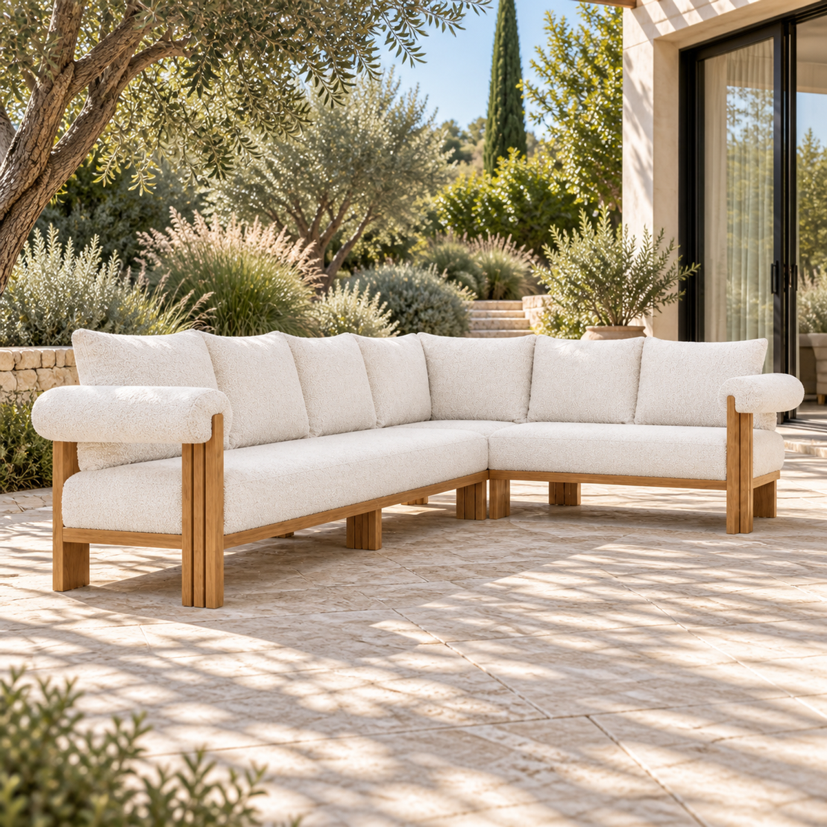 Lifestyle view: Ethereal L-Sectional in Teak, low side-oriented view on a garden terrace