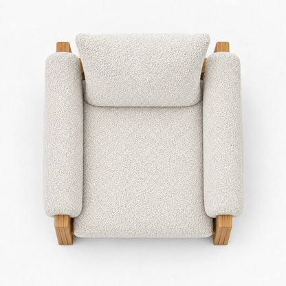 Ethereal Lounge Chair in Teak, square overhead view with one seat cushion and one back cushion