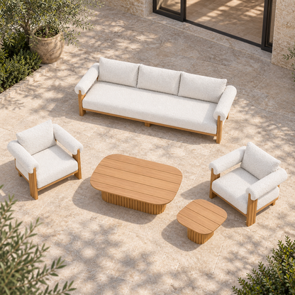 Ethereal Outdoor Sofa Set in Teak, high downward view on a furnished home terrace