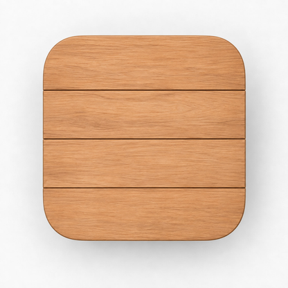 Ethereal Side Table in Teak, direct overhead view of its four-plank rounded-square top