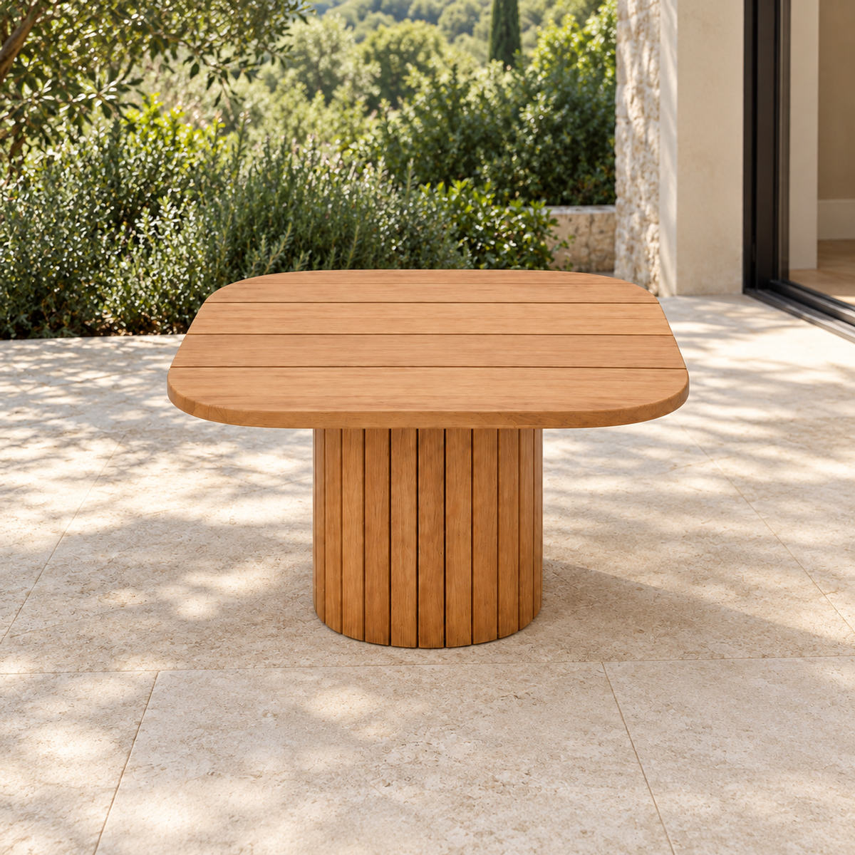 Lifestyle view: Ethereal Side Table in Teak, straight frontal view in a garden courtyard