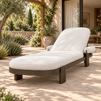 Lifestyle view: Ethereal Sun Lounger in Aluminium, foot-end diagonal view on a garden terrace