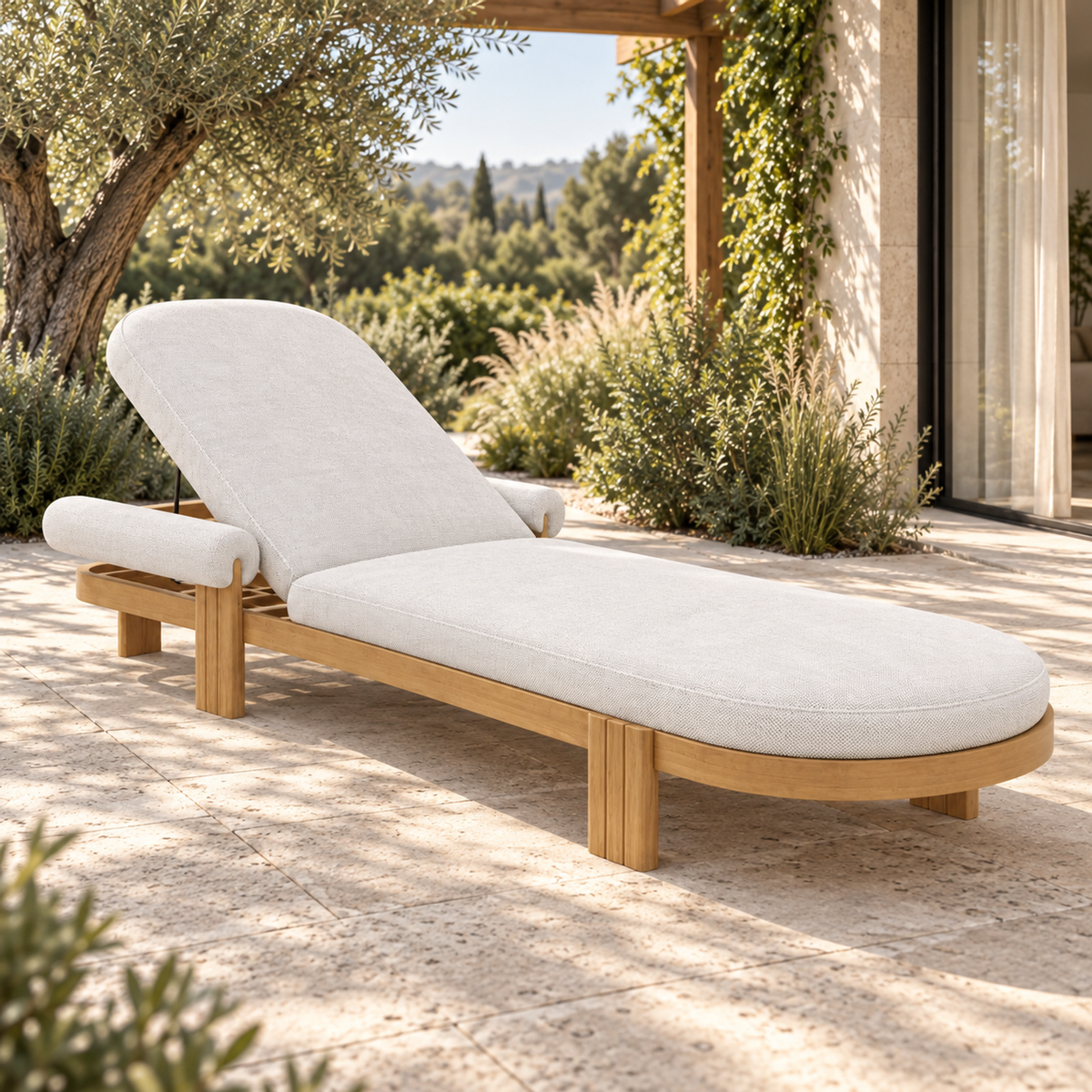 Lifestyle view: Ethereal Sun Lounger in Teak, opposite three-quarter view beside a garden home