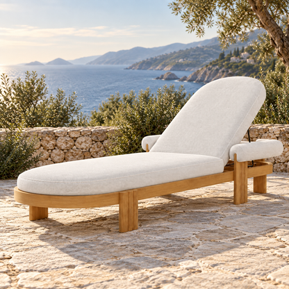 Lifestyle view: Ethereal Sun Lounger in Teak, low three-quarter view on a coastal terrace
