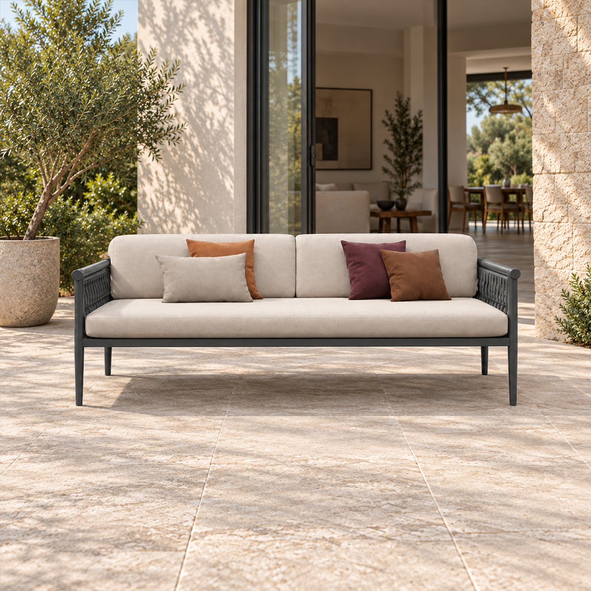 Lifestyle view: Formentera Sofa, 160 cm, photographed in a quiet outdoor courtyard