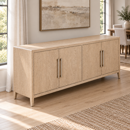 Lifestyle view: French Contemporary four-door sideboard in a sunlit furnished interior