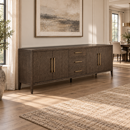 Lifestyle view: French Contemporary 4-Door Sideboard with Drawers, photographed in a quiet interior
