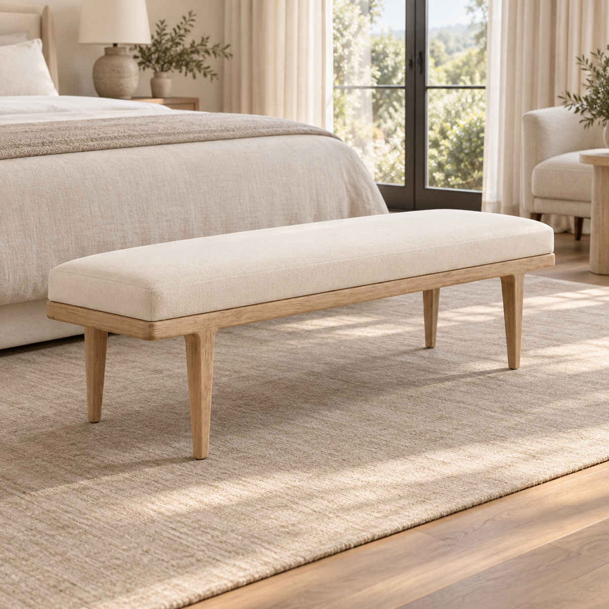 Lifestyle view: Gael Oak Fabric End-of-Bed Bench in a furnished residential interior