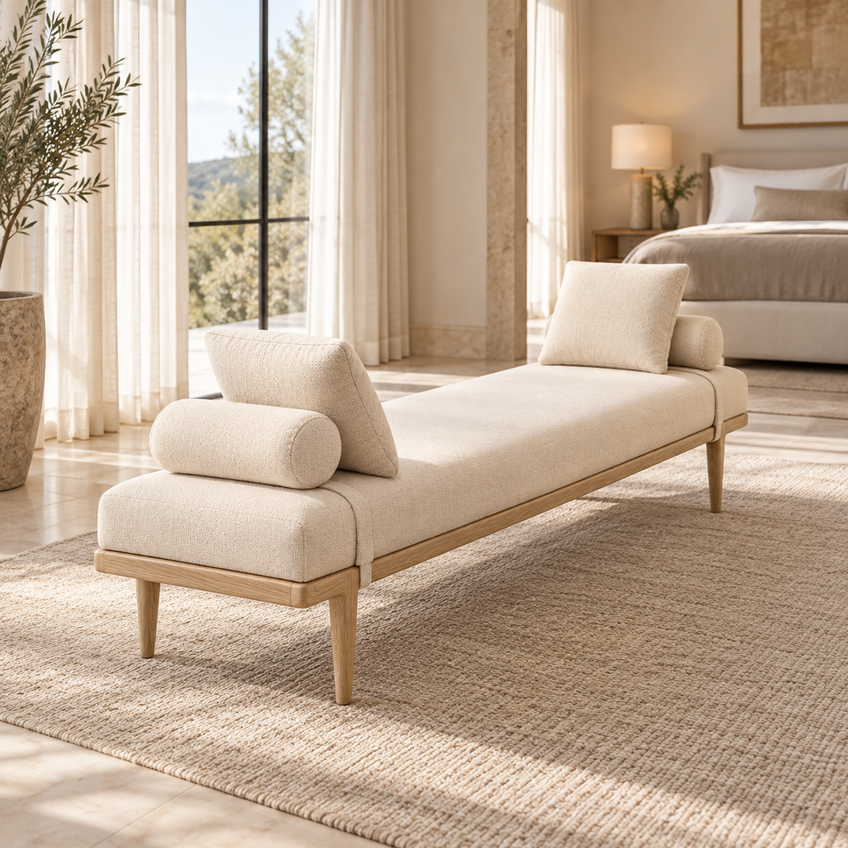 Lifestyle view: Gael Oak Fabric Panel Daybed, photographed in a quiet bedroom