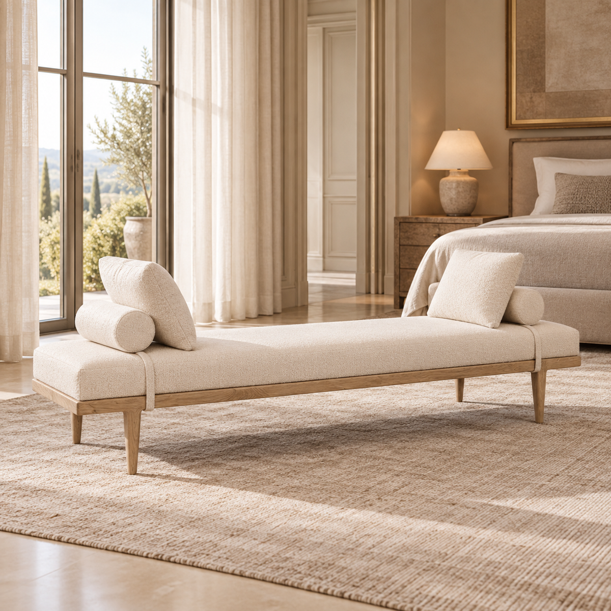 Lifestyle view: Gaël oak and fabric daybed in a sunlit living room overlooking a garden.