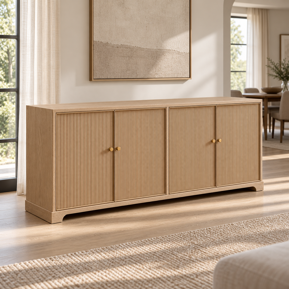 Lifestyle view: Genevieve Reeded four-door sideboard in a sunlit furnished interior