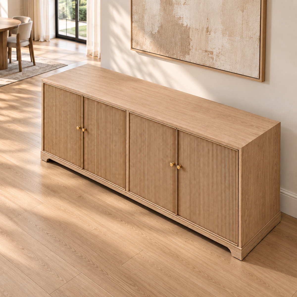 Lifestyle view: Genevieve Reeded four-door sideboard in a warmly lit furnished interior