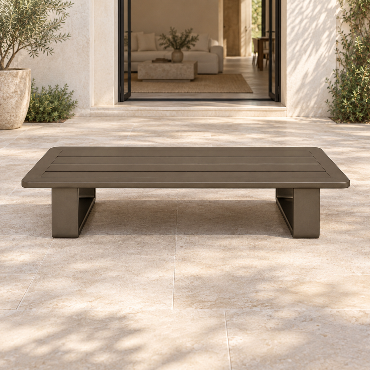Grace aluminium coffee table, front view on a furnished home terrace
