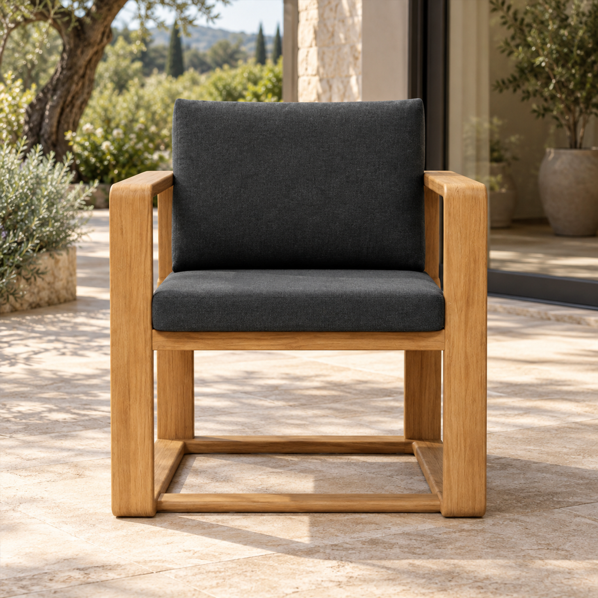 Grace Dining Chair in Teak, straight front view on a furnished home terrace