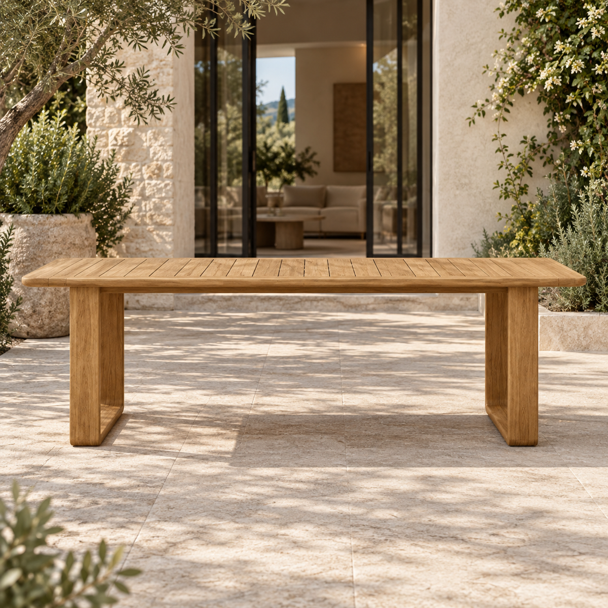 Grace Dining Table in Teak, straight front view on a home terrace
