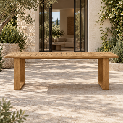 Grace Dining Table in Teak, straight front view on a home terrace