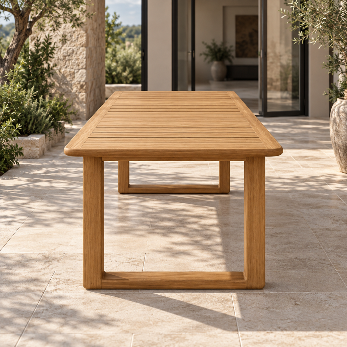 Grace Dining Table in Teak, view from the short end on a home terrace