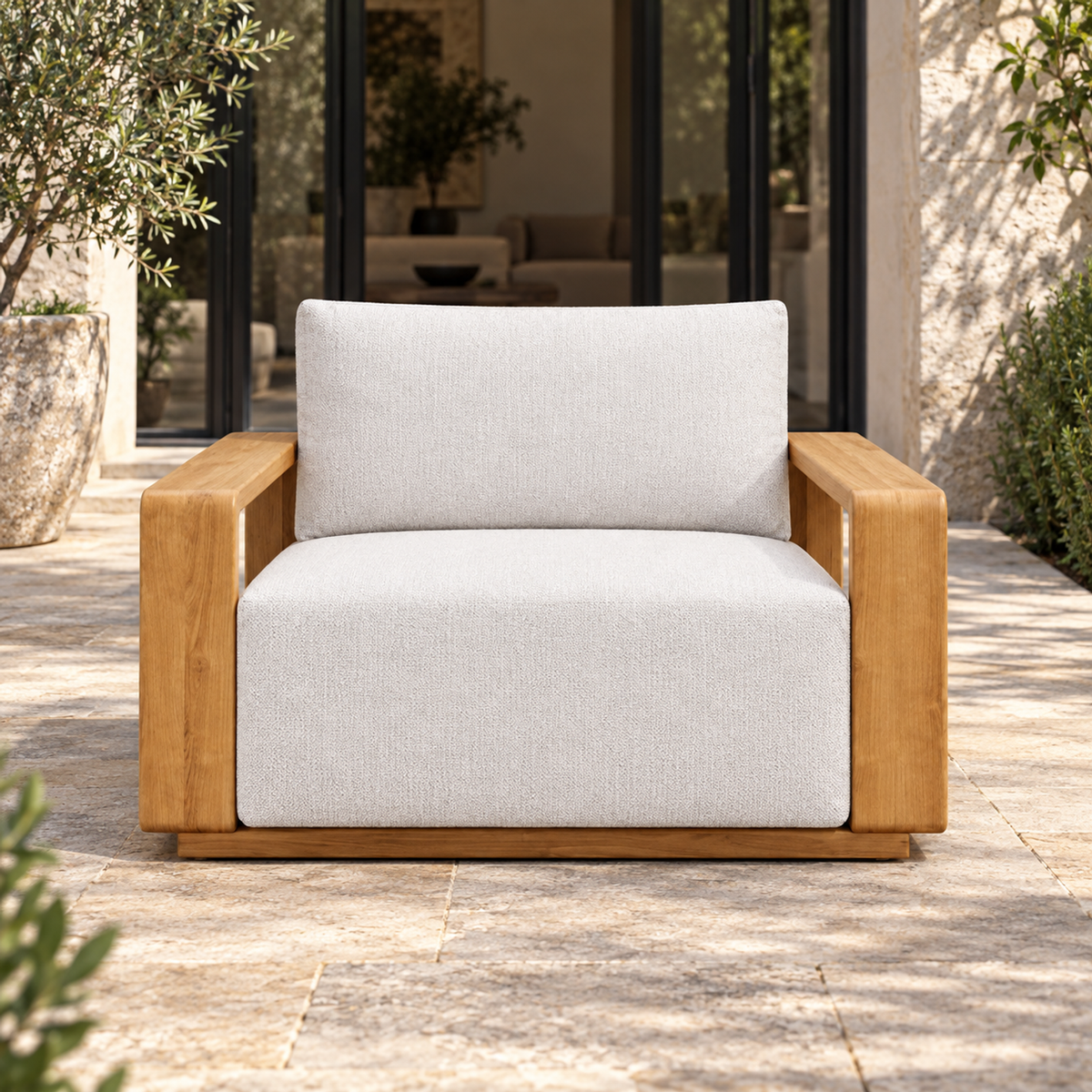 Grace Lounge Chair in Teak, complete front view on a home terrace