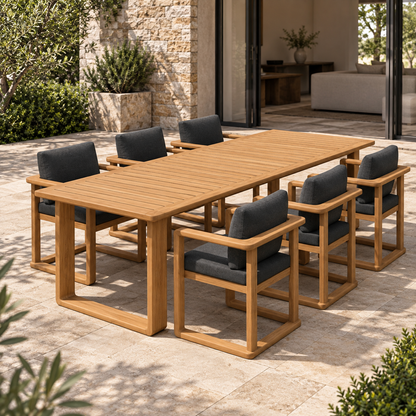 Lifestyle view: Grace teak dining set, left diagonal on a furnished home terrace