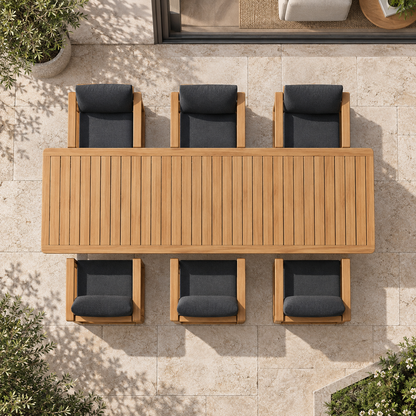Grace teak dining set, overhead view with six chairs
