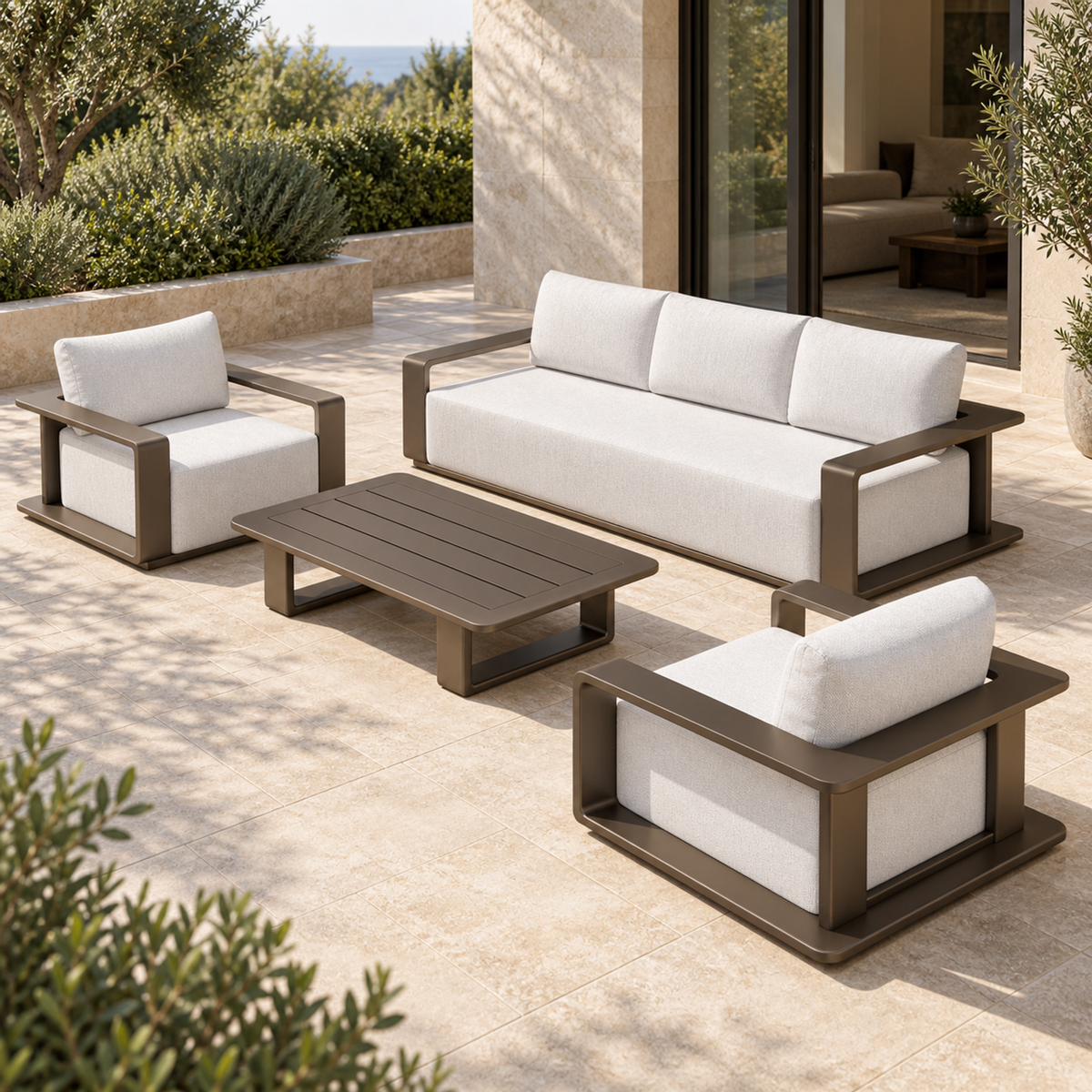 Lifestyle view: Grace Outdoor Sofa Set in Aluminium, right diagonal on a furnished home terrace
