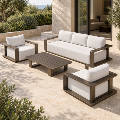 Lifestyle view: Grace Outdoor Sofa Set in Aluminium, right diagonal on a furnished home terrace