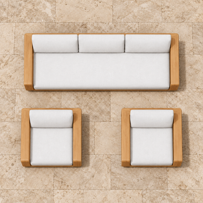 Grace teak sofa and two lounge chairs, overhead plan view on a stone terrace