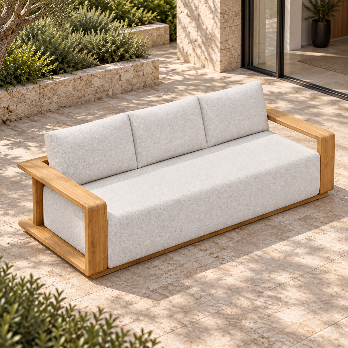 Grace Sofa in Teak, elevated front-left view on a home terrace