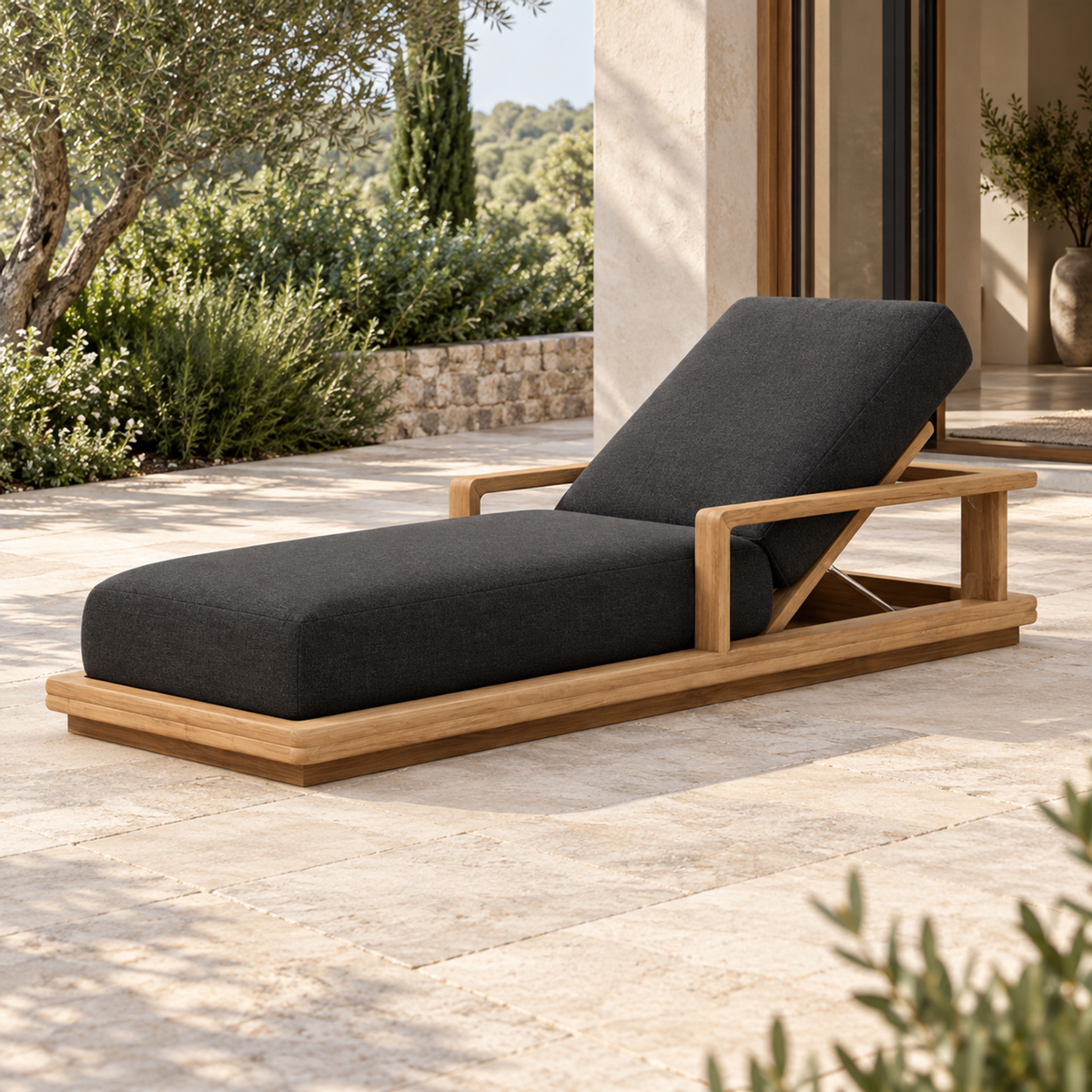 Lifestyle view: Grace Sun Lounger in Teak, foot-end diagonal on a home terrace