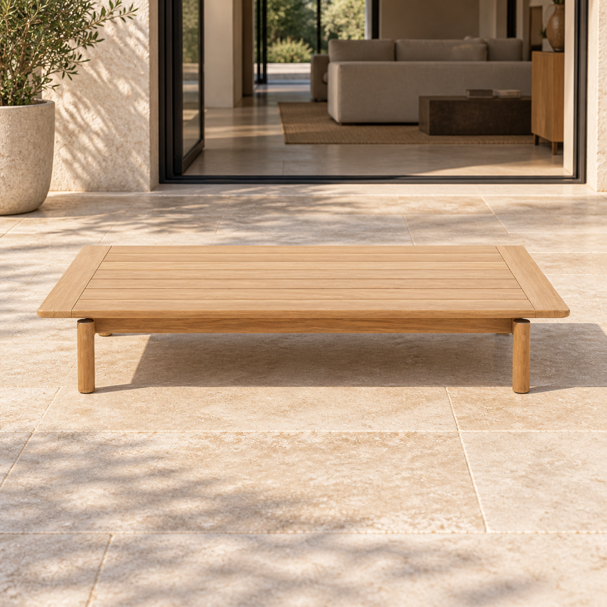 Lifestyle view: Ithaca Coffee Table, 120 cm, photographed in a quiet outdoor courtyard