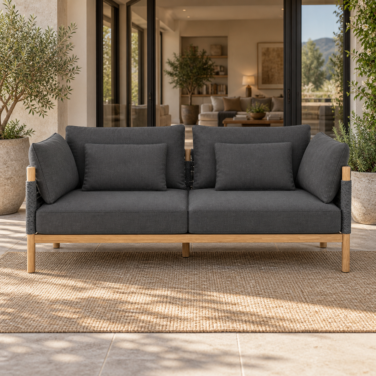 Lifestyle view: Ithaca Sofa, 185 cm, photographed in a quiet outdoor courtyard